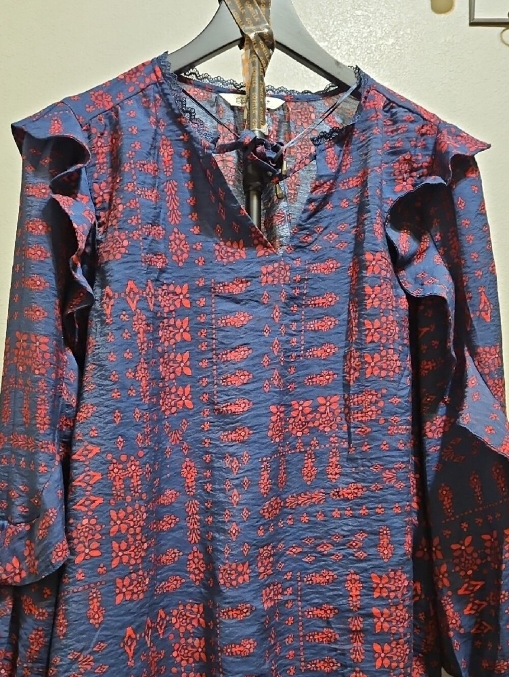 The Pioneer Woman Navy and Red Printed Ruffle-Shoulder Tie-Neck Blouse - Picture 2 of 8